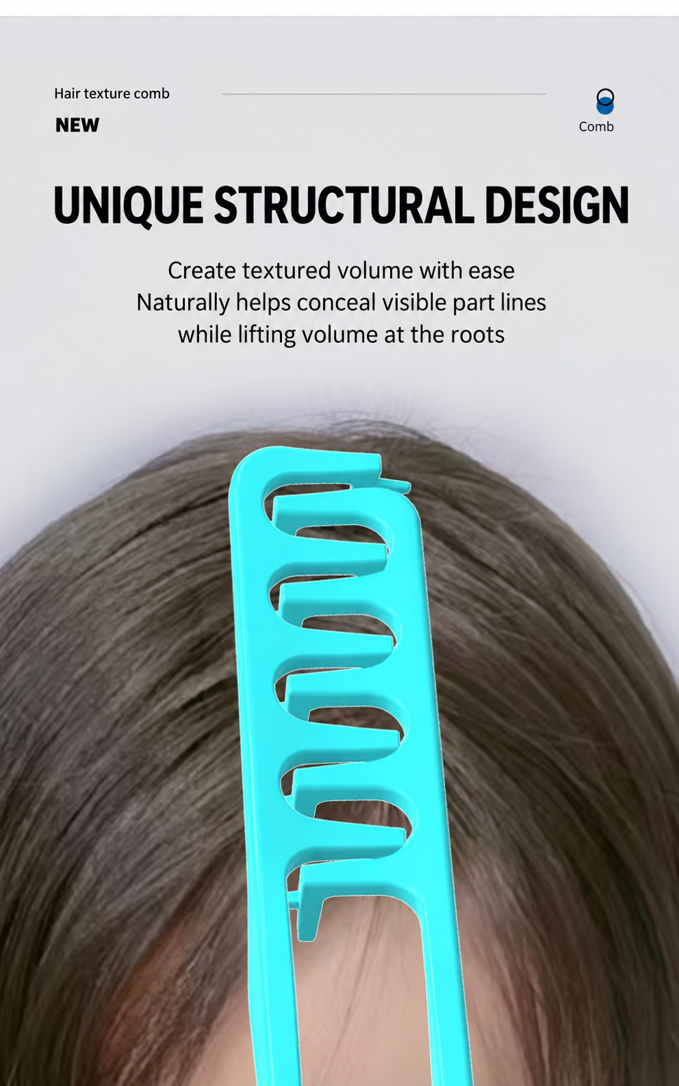 Hair texture styling comb shown at the hair roots
