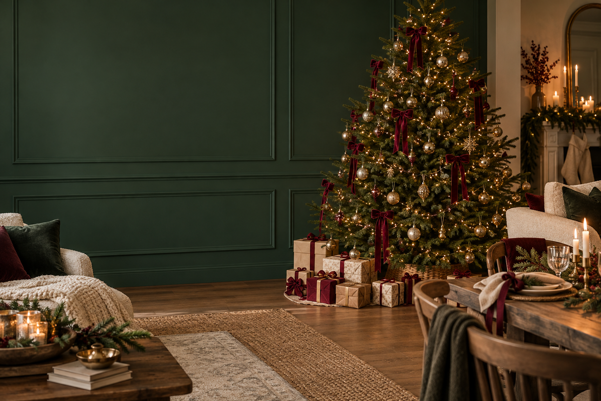 Christmas living room with a decorated tree and wrapped gifts — decorative seasonal scene